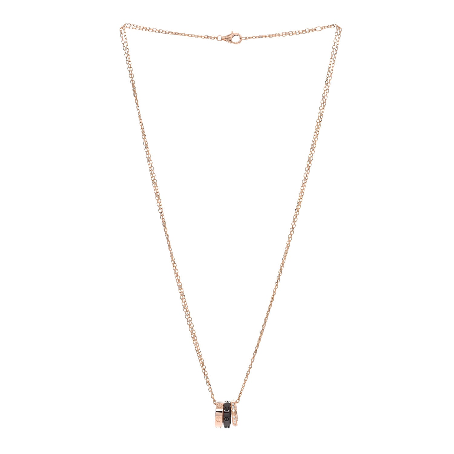 Cartier 18K Pink Gold Ceramic Diamond Three Ring LOVE Pendant Necklace 3 of 4
