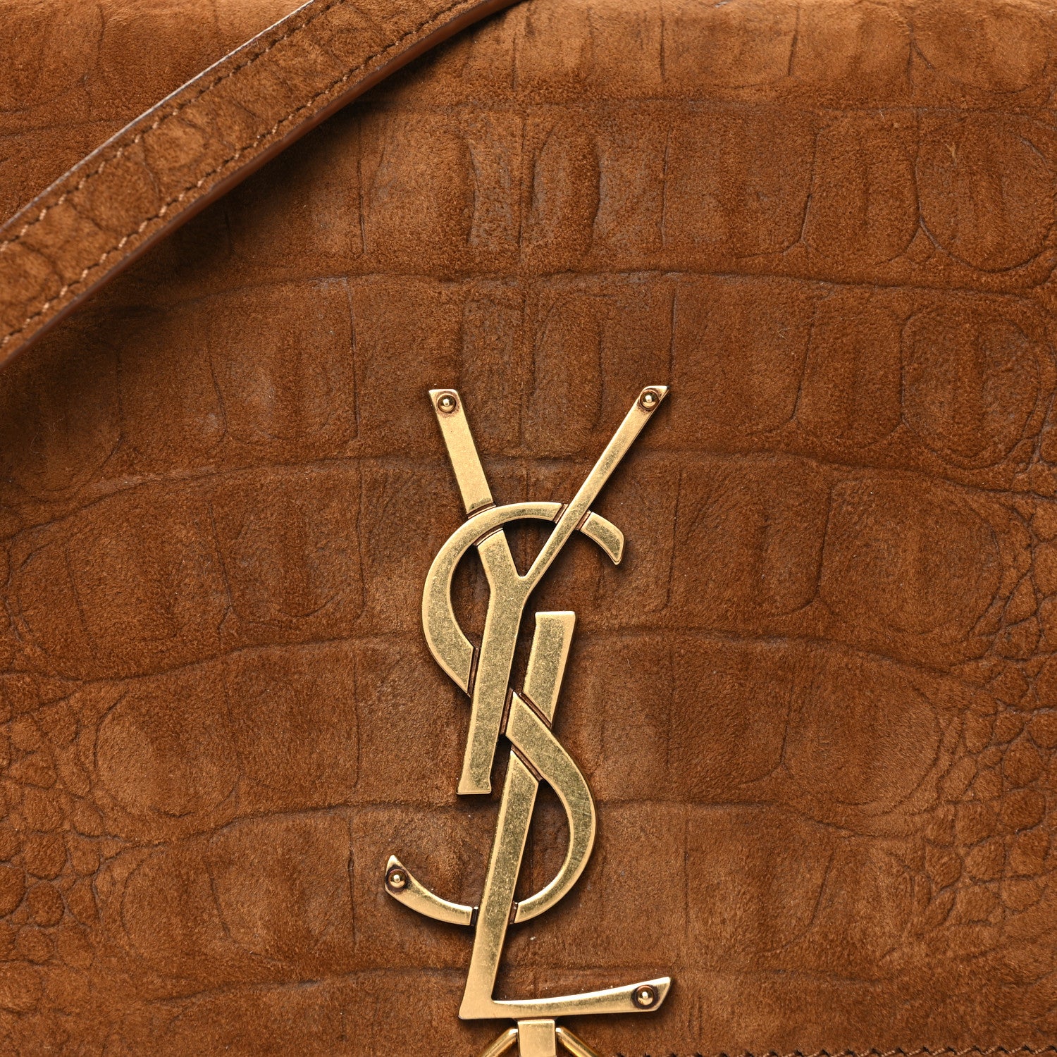 Saint Laurent Crocodile Embossed Suede Monogram Tassel Kate 99 Tan 9 of 12