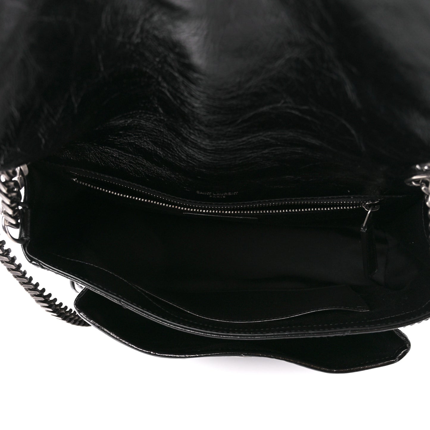 Crinkled Calfskin Matelasse Monogram Medium Niki Chain Satchel Black