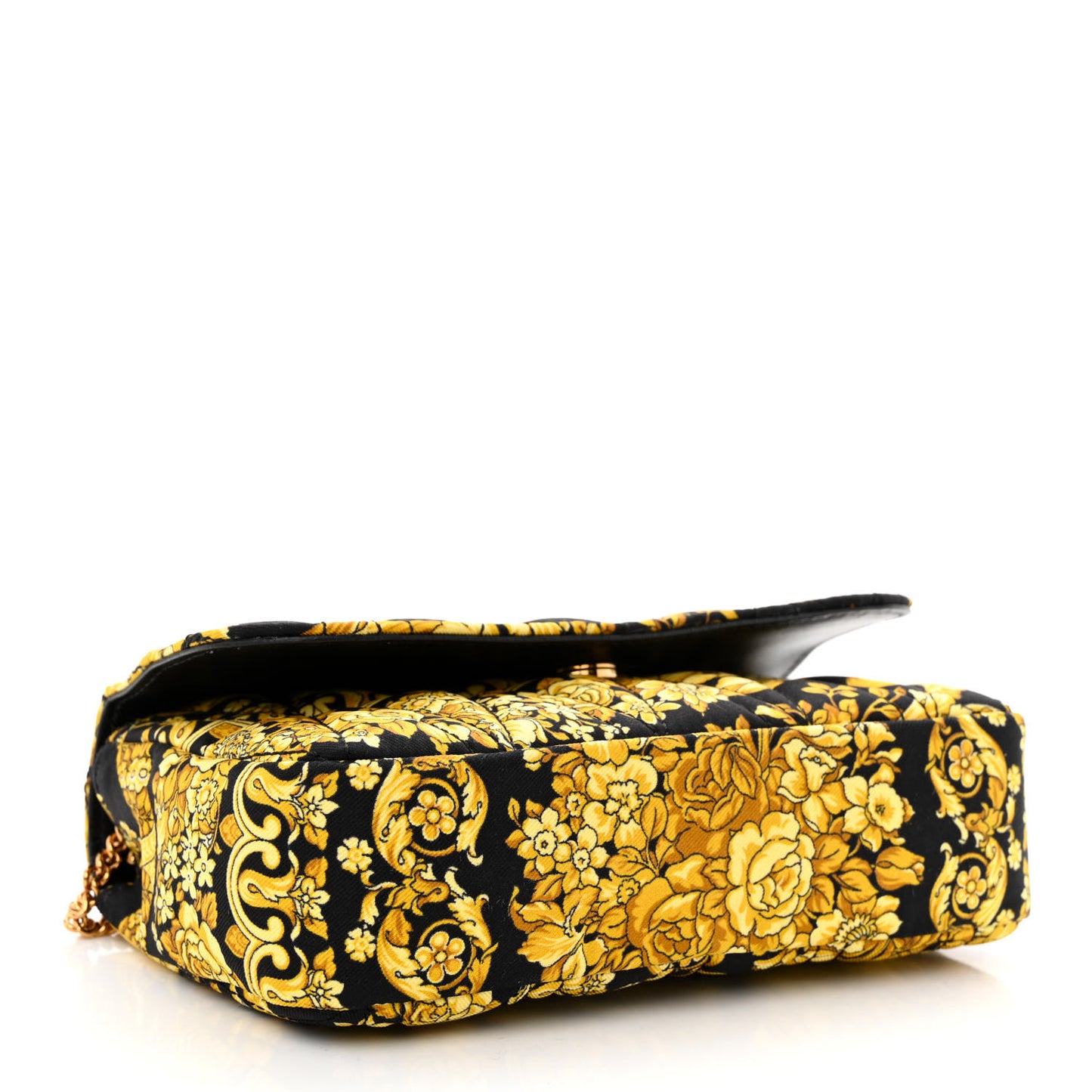 Silk Barocco Printed Quilted Virtus V Mini Chain Flap Shoulder Bag Black Gold