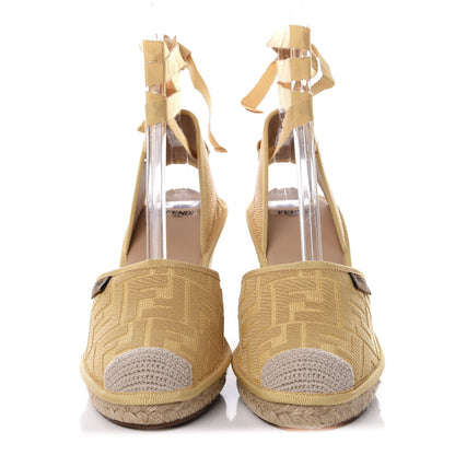 Fendi Rafia FF Embroidered Roma Ankle Wrap Espadrille Wedges 41 Natural 2 of 10