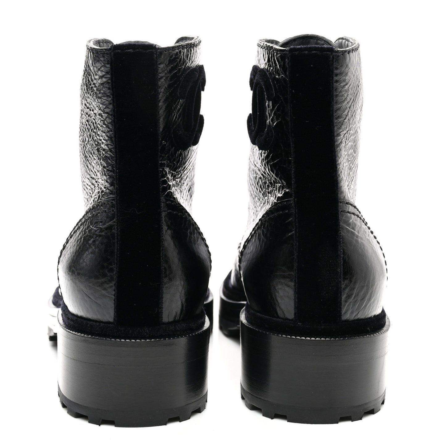 Shiny Calfskin Velvet Pearl Combat Short Boots 37.5 Black