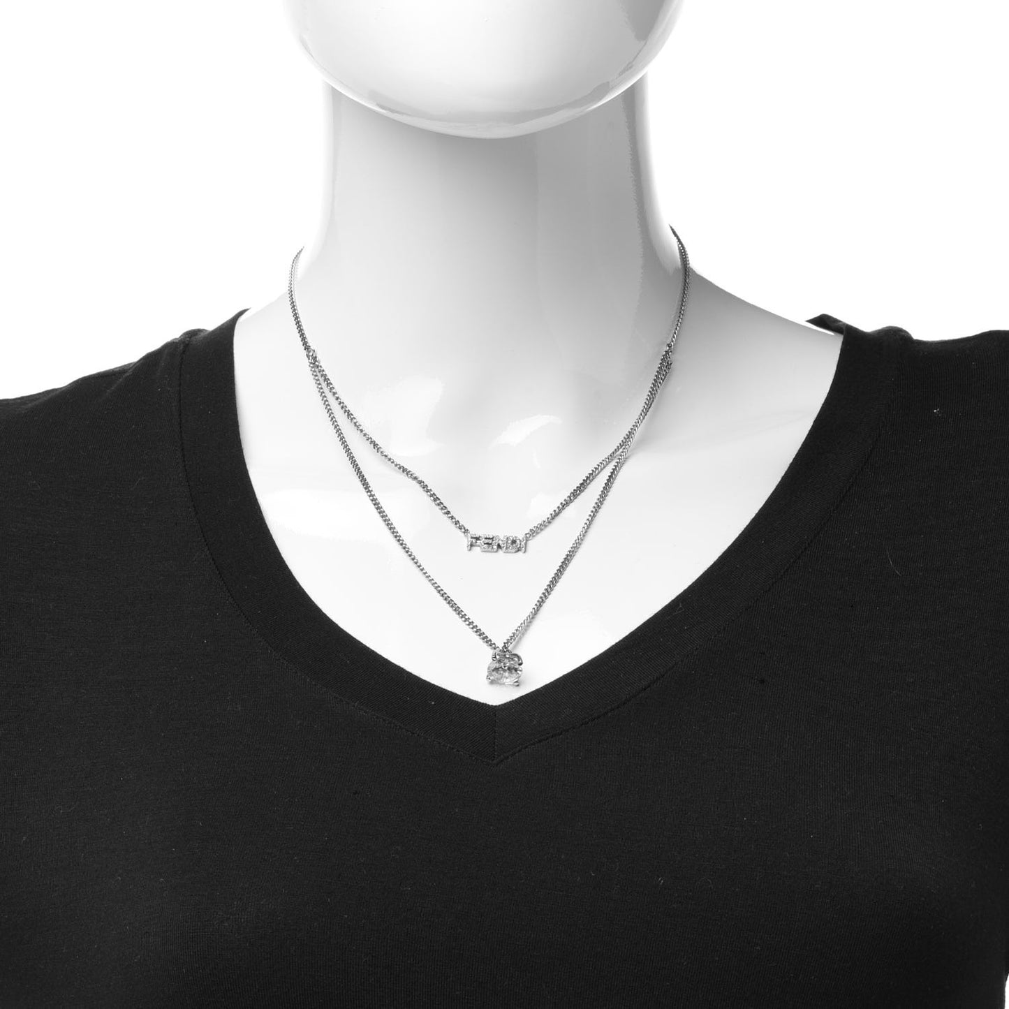 Metal Crystal Double Strand Logo Drop Necklace Silver