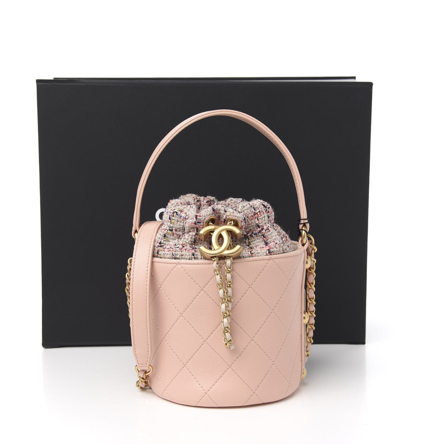 Calfskin Tweed Small CC Chain Bucket Drawstring Bag Light Pink