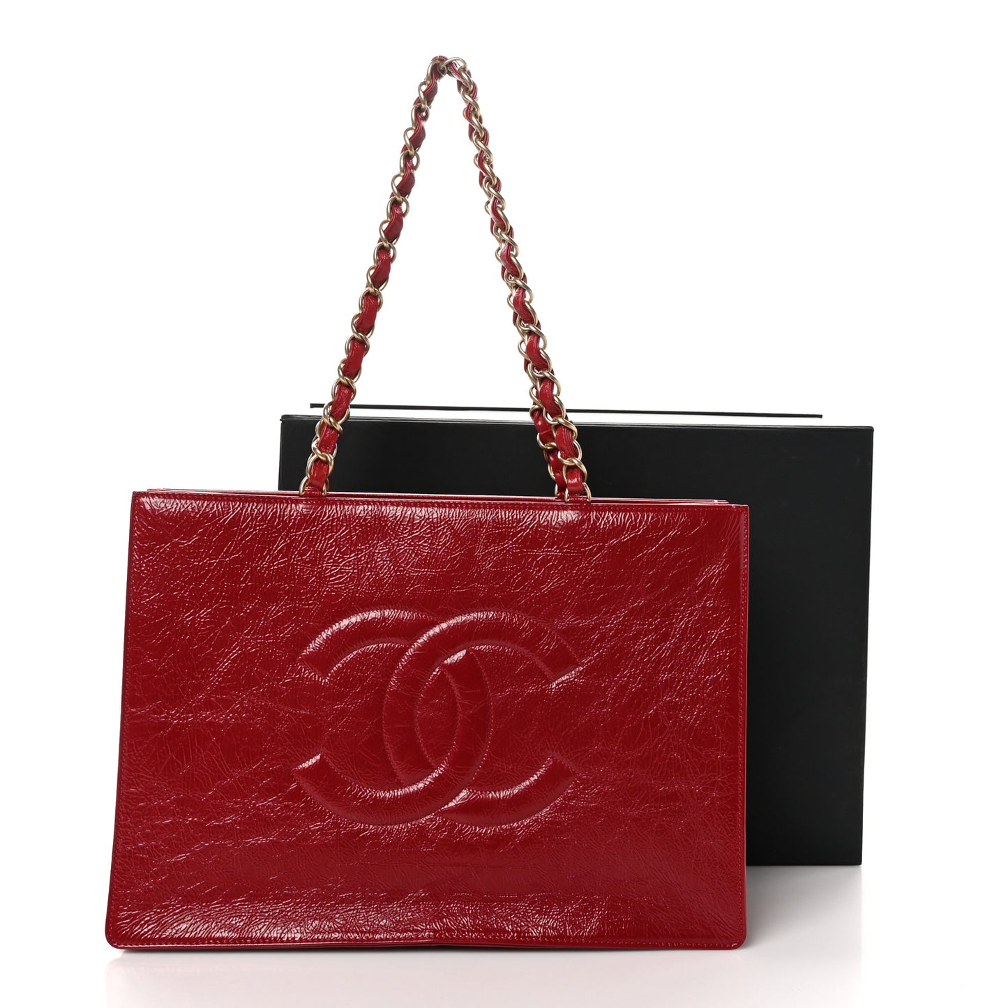Shiny Aged Calfskin Shopping Bag Red