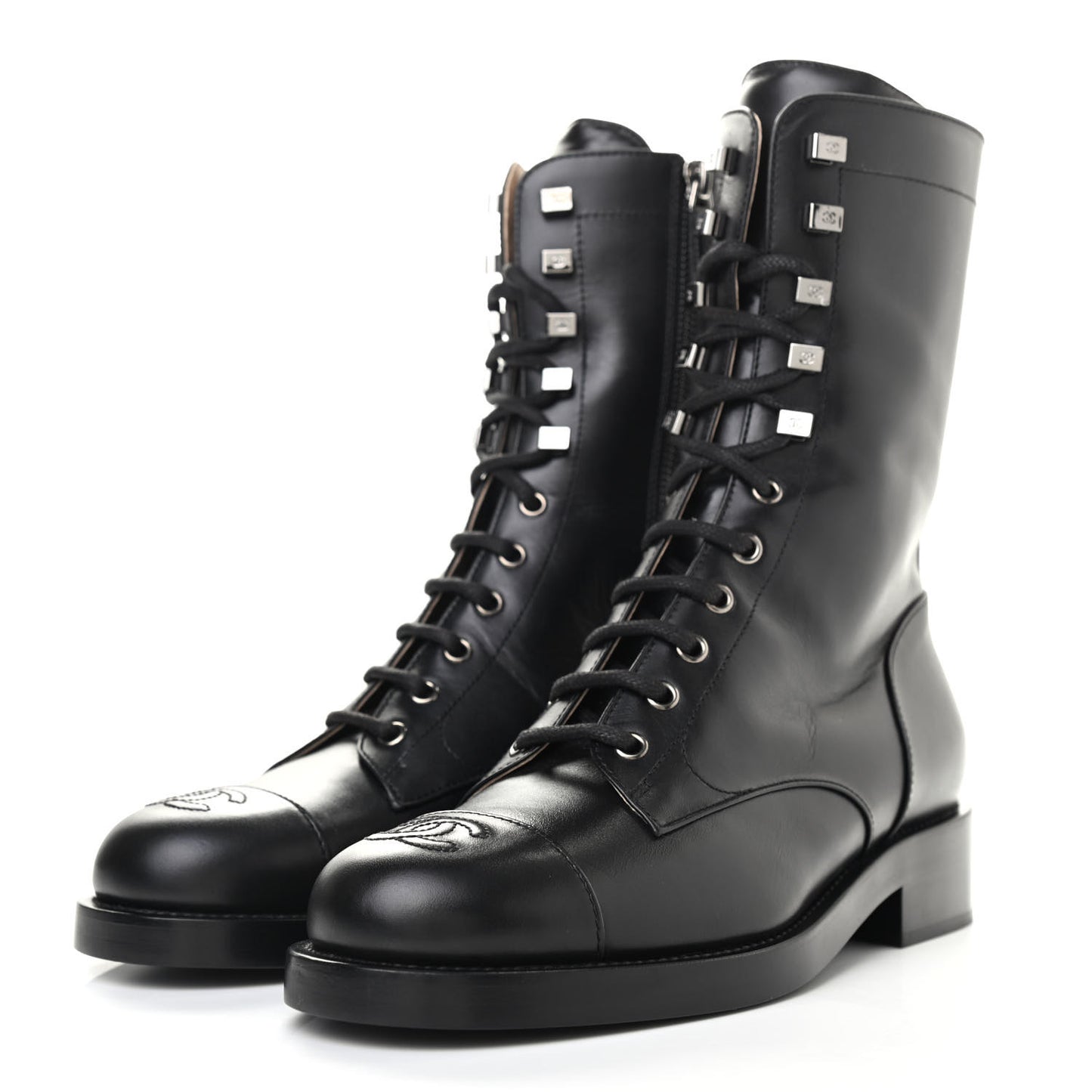 Calfskin Lace Up Combat Boots 38.5 Black