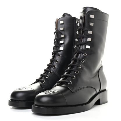 Chanel Calfskin Lace Up Combat Boots 38.5 Black 3 of 10