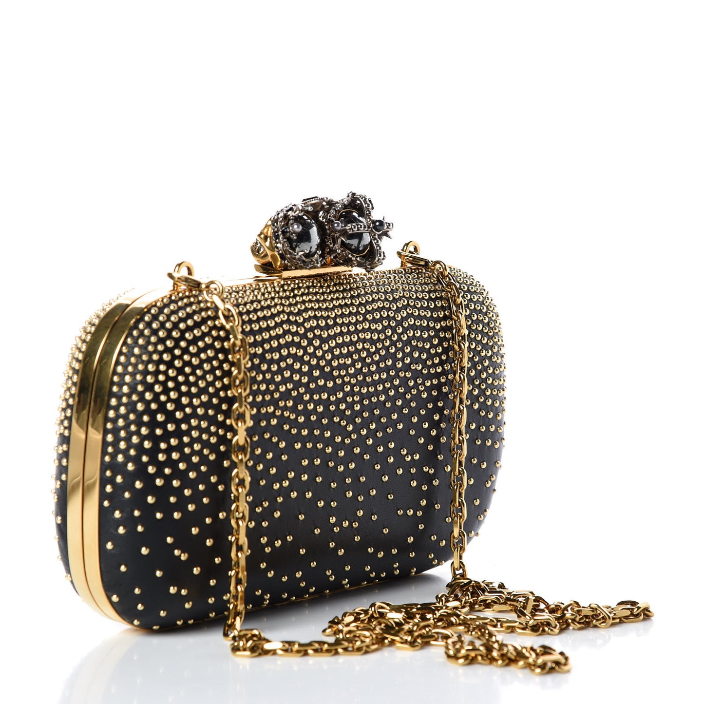 Crystal Nappa Queen and King Skull Box Chain Clutch Black Silver