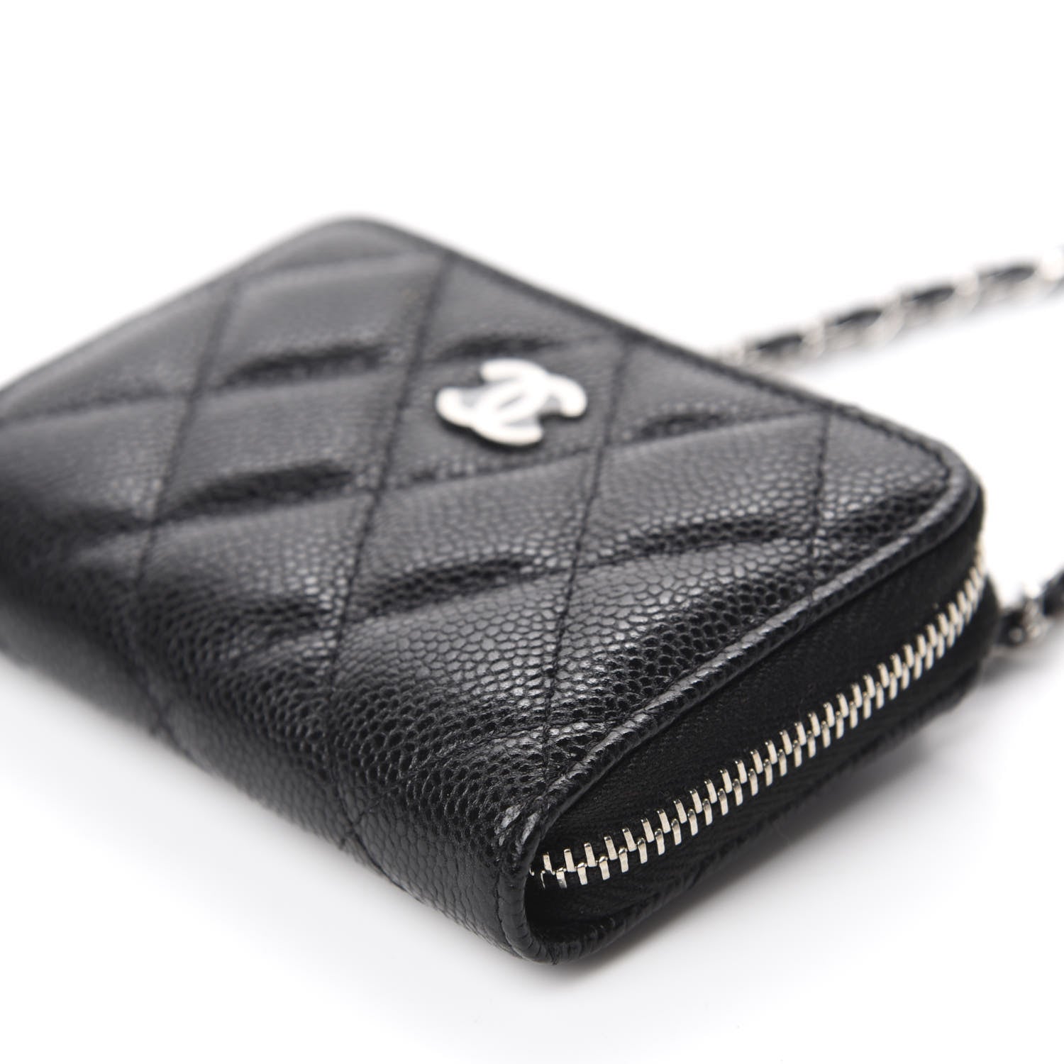 Chanel Caviar Quilted Zip Around Coin Purse Wallet On Chain Black 7 of 10