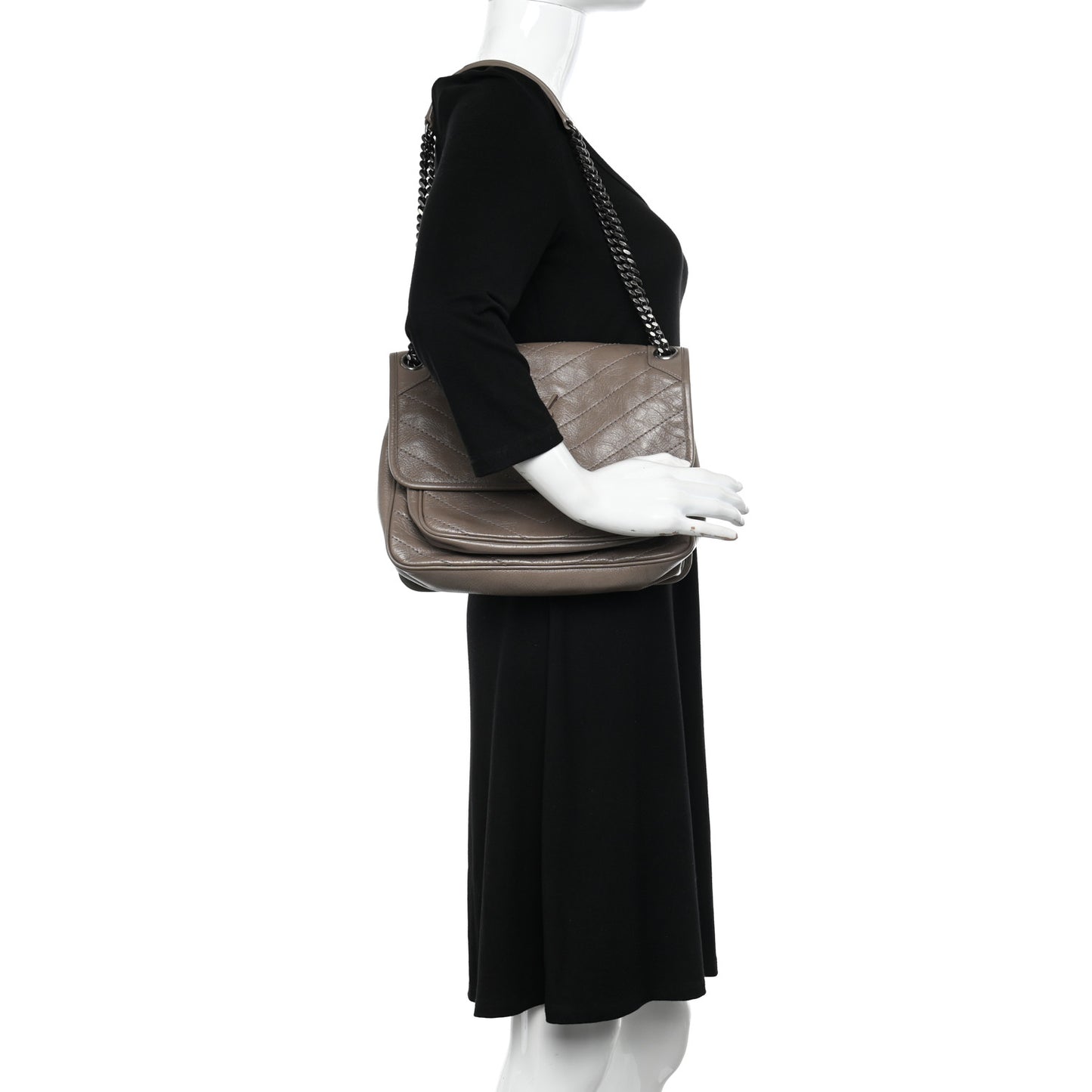 Crinkled Calfskin Matelasse Monogram Medium Niki Chain Satchel Fog