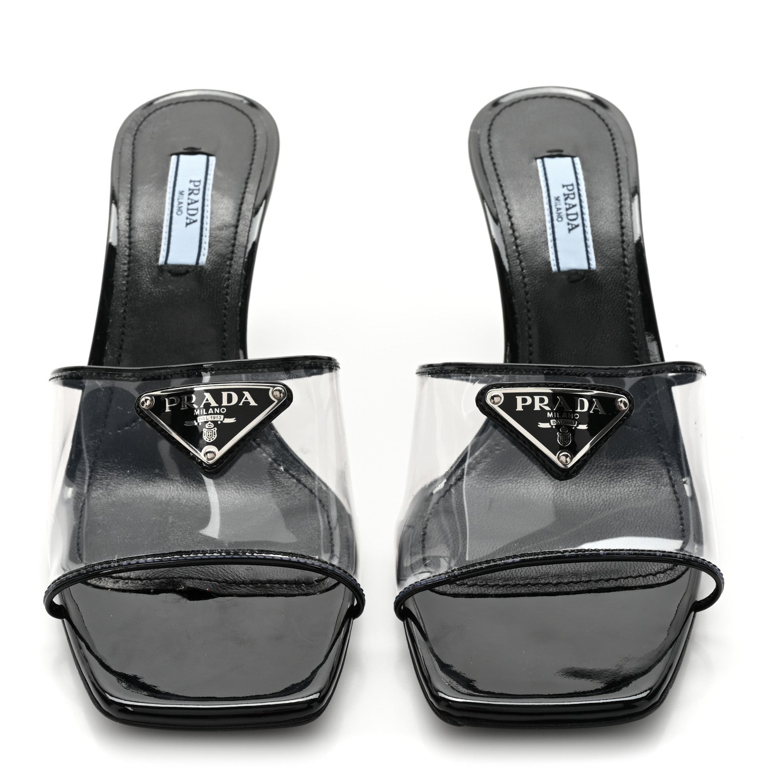 Prada Plexiglass Vernice Metal Triangle Logo 65mm Slide Sandals 36.5 Black 2 of 9