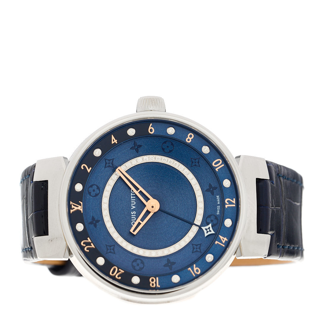 LOUIS VUITTON Stainless Steel Alligator Diamond 35mm Tambour Moon Dual Time Quartz Watch Blue