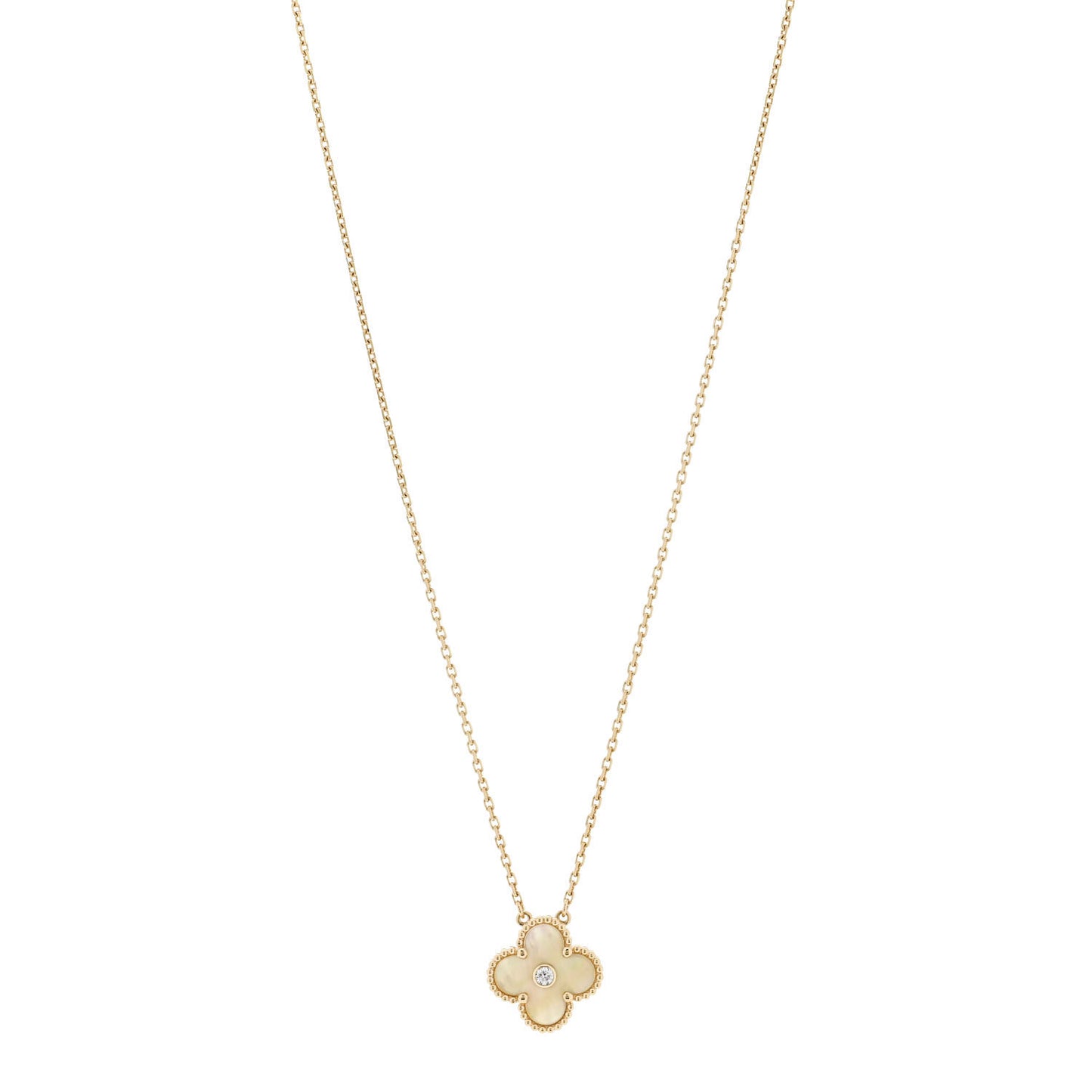 18K Yellow Gold Diamond Yellow Mother of Pearl Vintage Alhambra Pendant Necklace