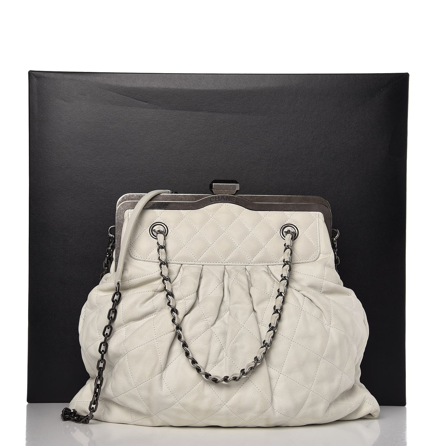 Iridescent Calfskin Chic Quilt Frame Tote White