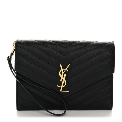 Saint Laurent Grain De Poudre Matelasse Chevron Monogram Envelope Clutch Black 1 of 9