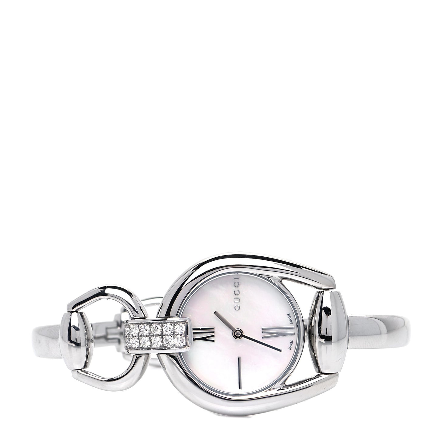 Stainless Steel Diamond Pave Mother of Pearl 28mm Horsebit Quartz Watch