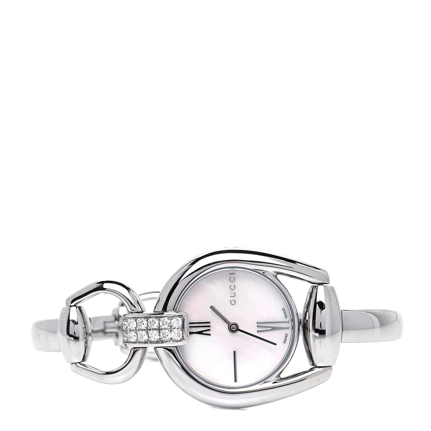 Gucci Stainless Steel Diamond Pave Mother of Pearl 28mm Horsebit Quartz Watch 2 of 5