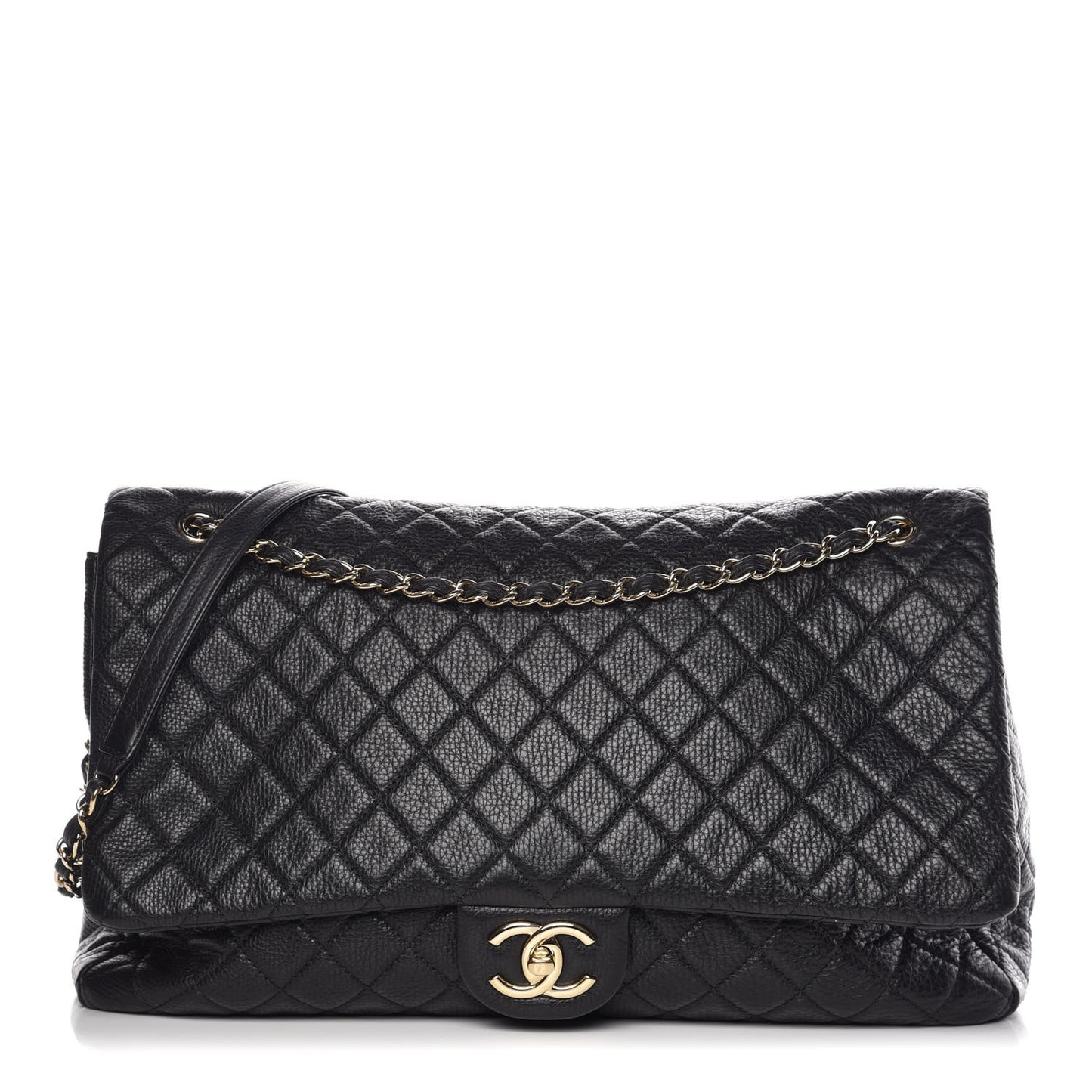 Calfskin Quilted XXL Travel Flap Bag Black