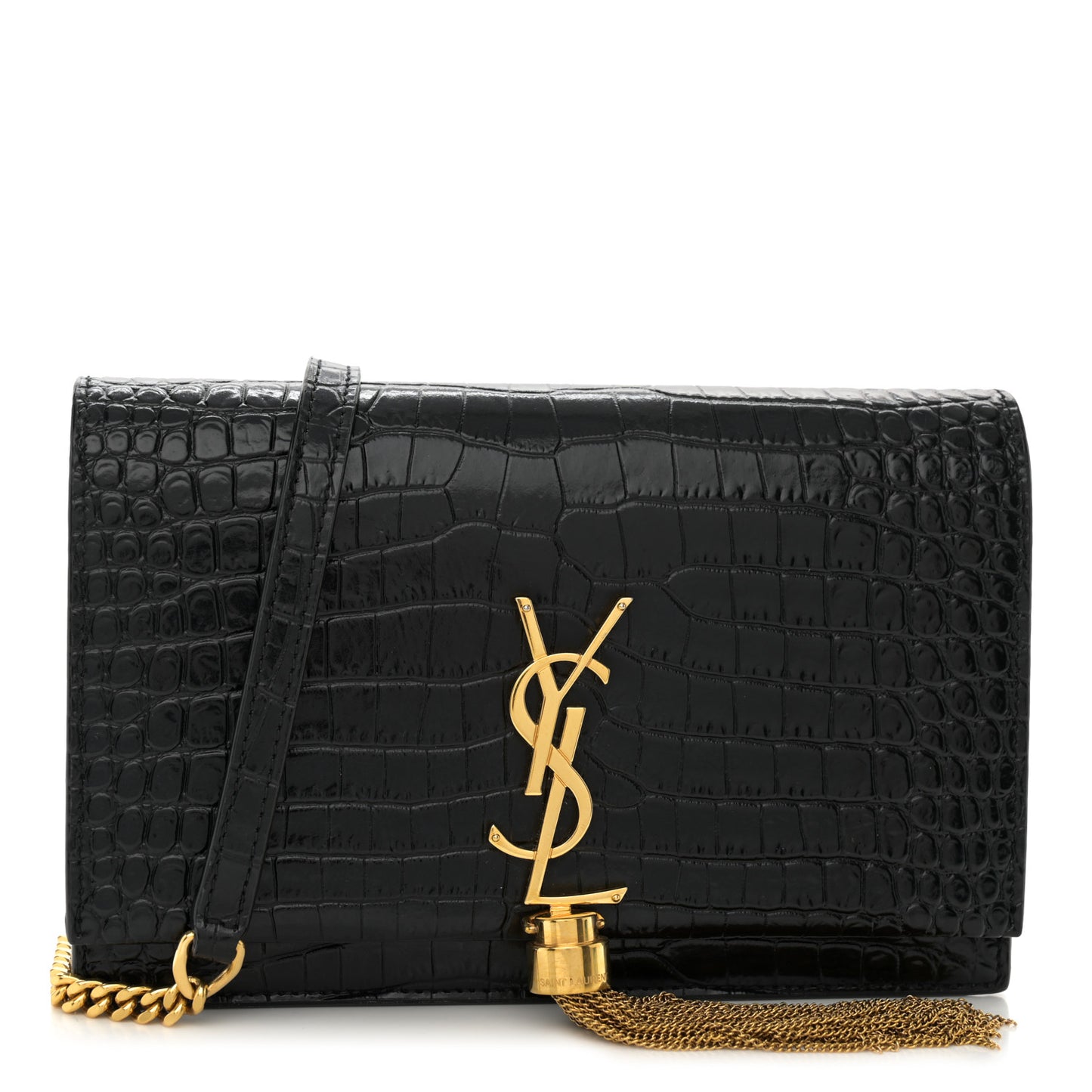 Calfskin Crocodile Embossed Kate Monogram Tassel Chain Wallet Black