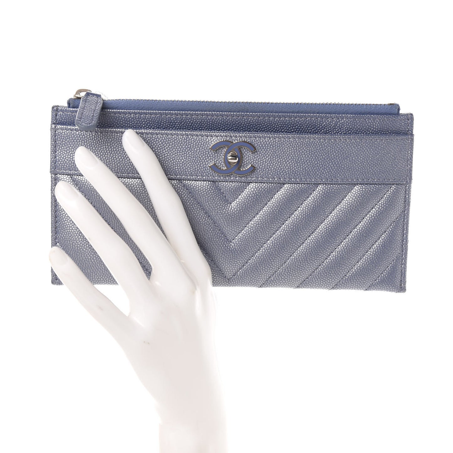 Metallic Caviar Chevron Quilted Mademoiselle Vintage Zip Pouch Blue