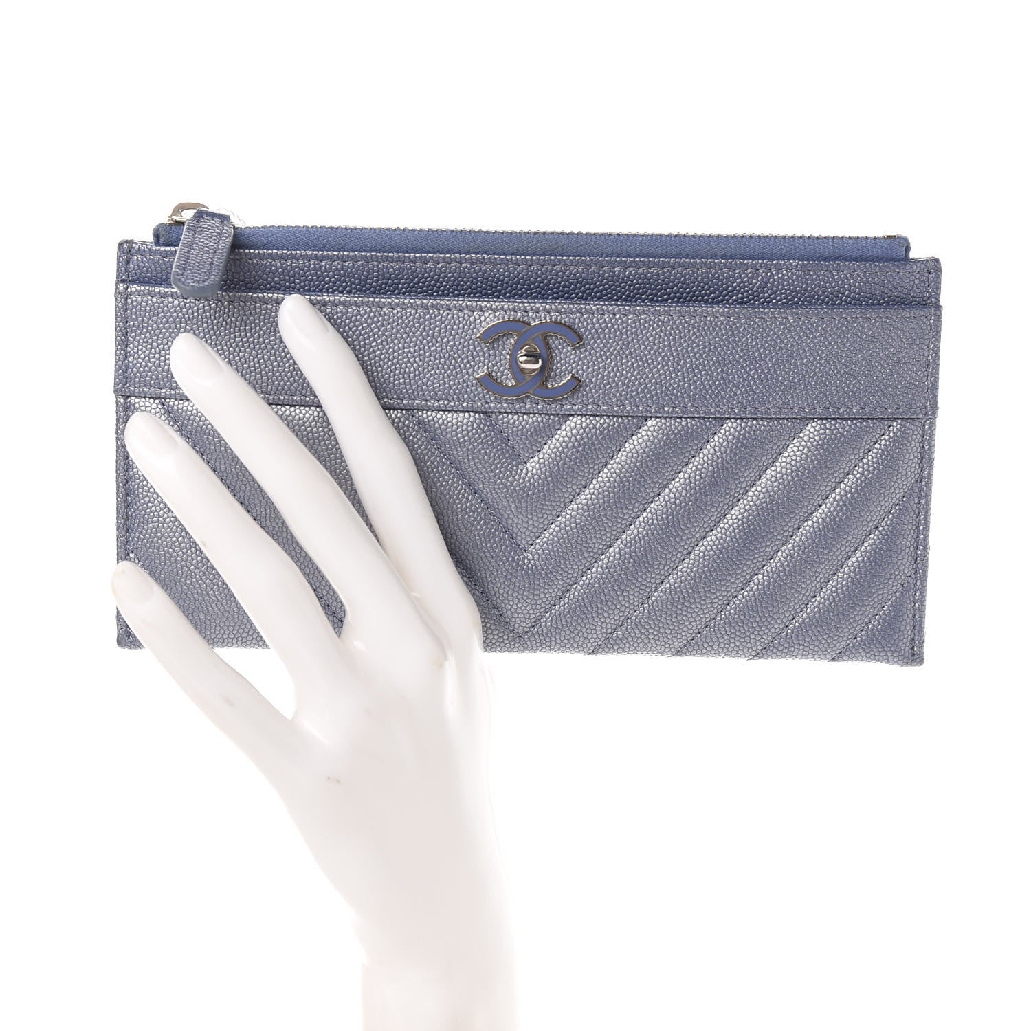 Chanel Metallic Caviar Chevron Quilted Mademoiselle Vintage Zip Pouch Blue 2 of 8