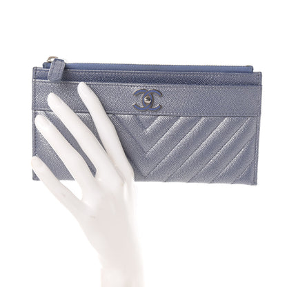 Chanel Metallic Caviar Chevron Quilted Mademoiselle Vintage Zip Pouch Blue 2 of 8