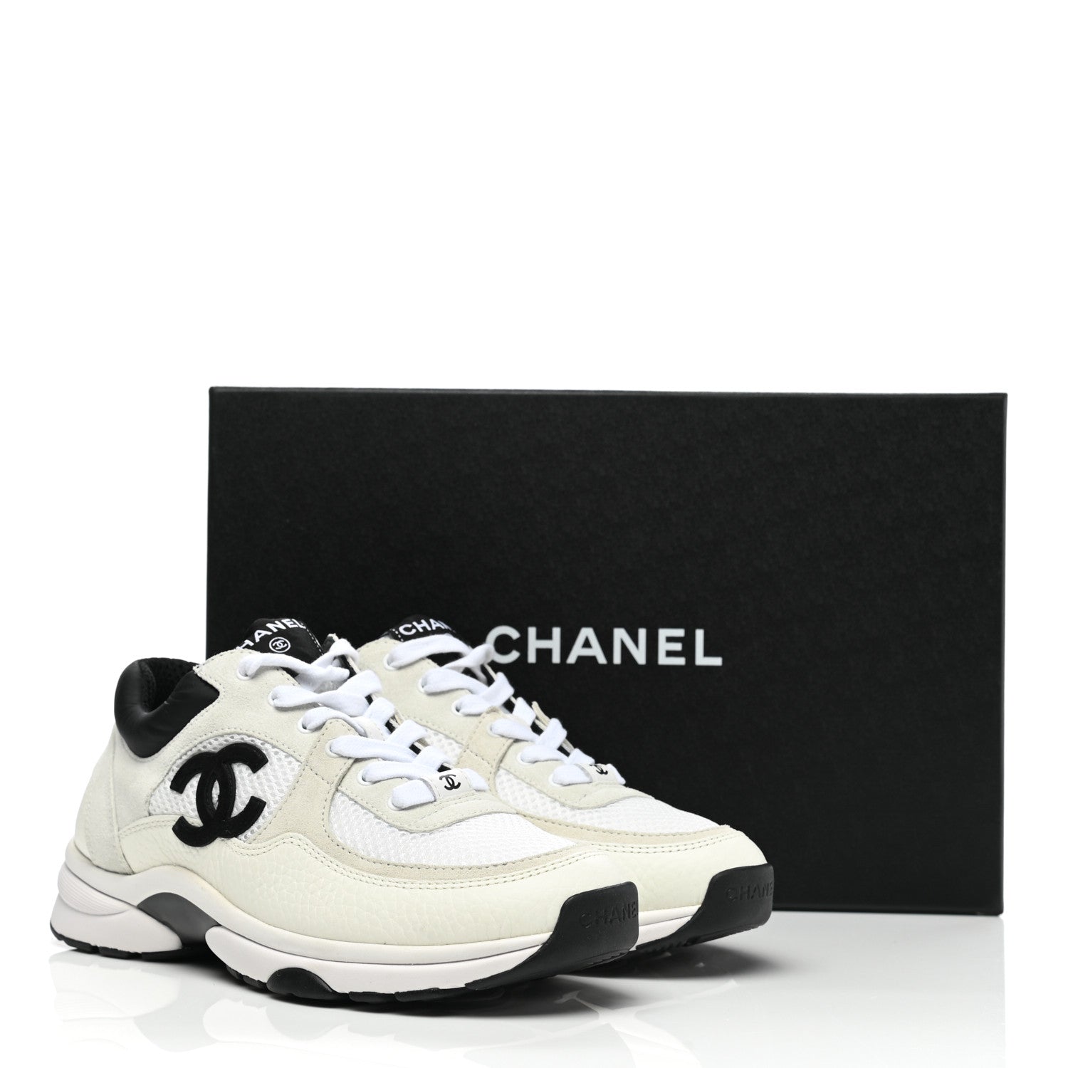 Chanel Mesh Suede Calfskin Grained Calfskin Womens CC Sneakers 37 White Black 8 of 8