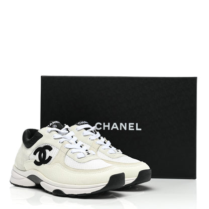 Chanel Mesh Suede Calfskin Grained Calfskin Womens CC Sneakers 37 White Black 8 of 8