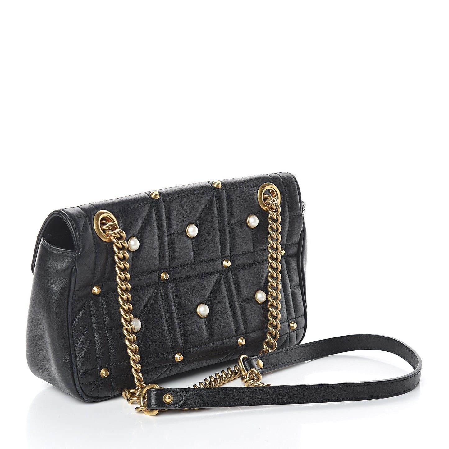 Calfskin Matelasse Studded Small Pearly GG Marmont Shoulder Bag Black