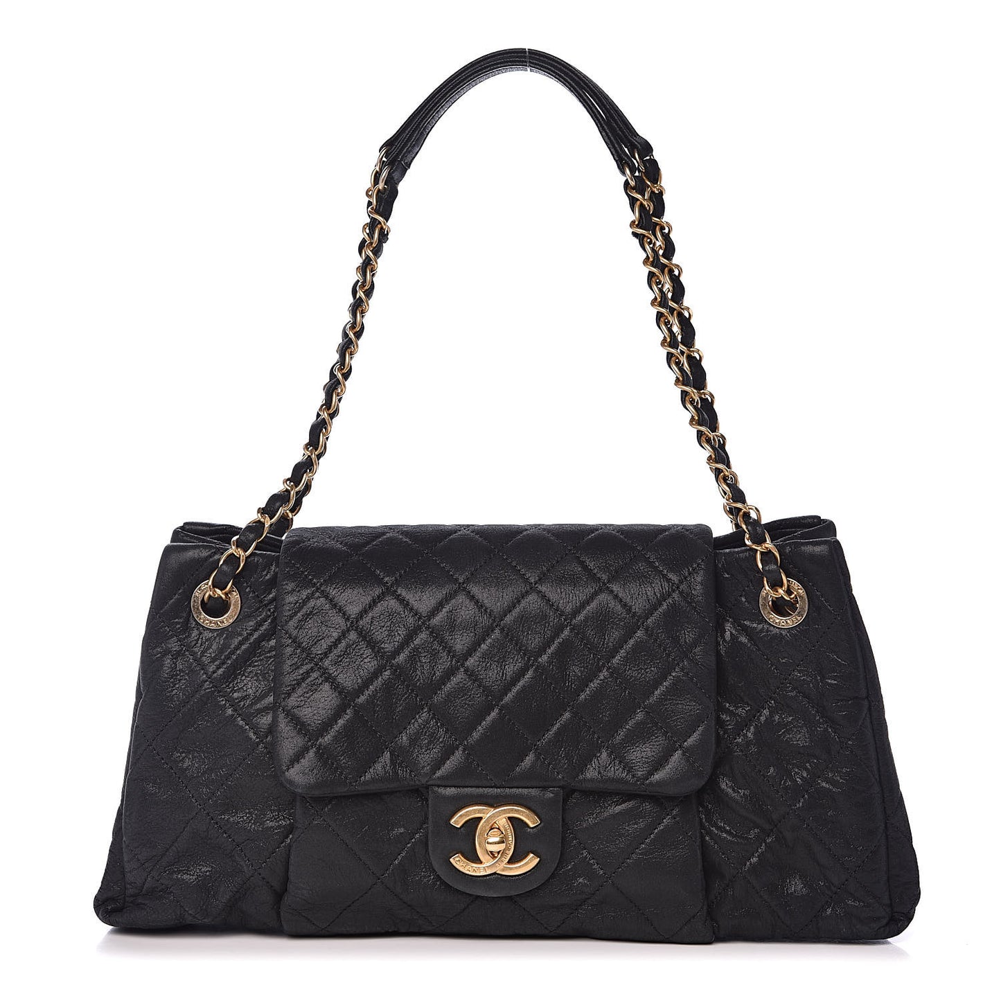 Iridescent Calfskin Medium Chic Quilt Flap Black