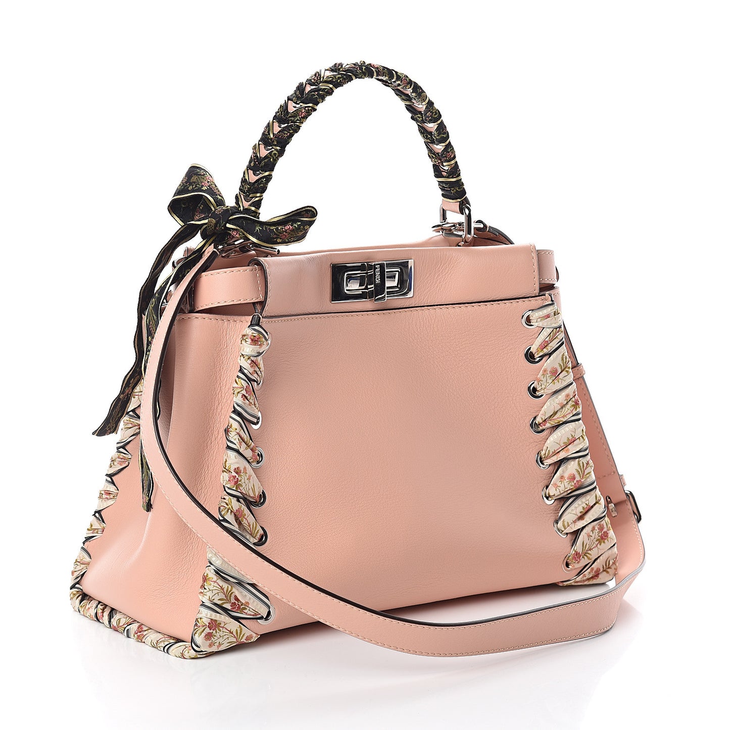 Vitello Seta Shiny Nappa Ribbon Lace Up Floral Medium Peekaboo Iconic Satchel Baby Pink Multicolor