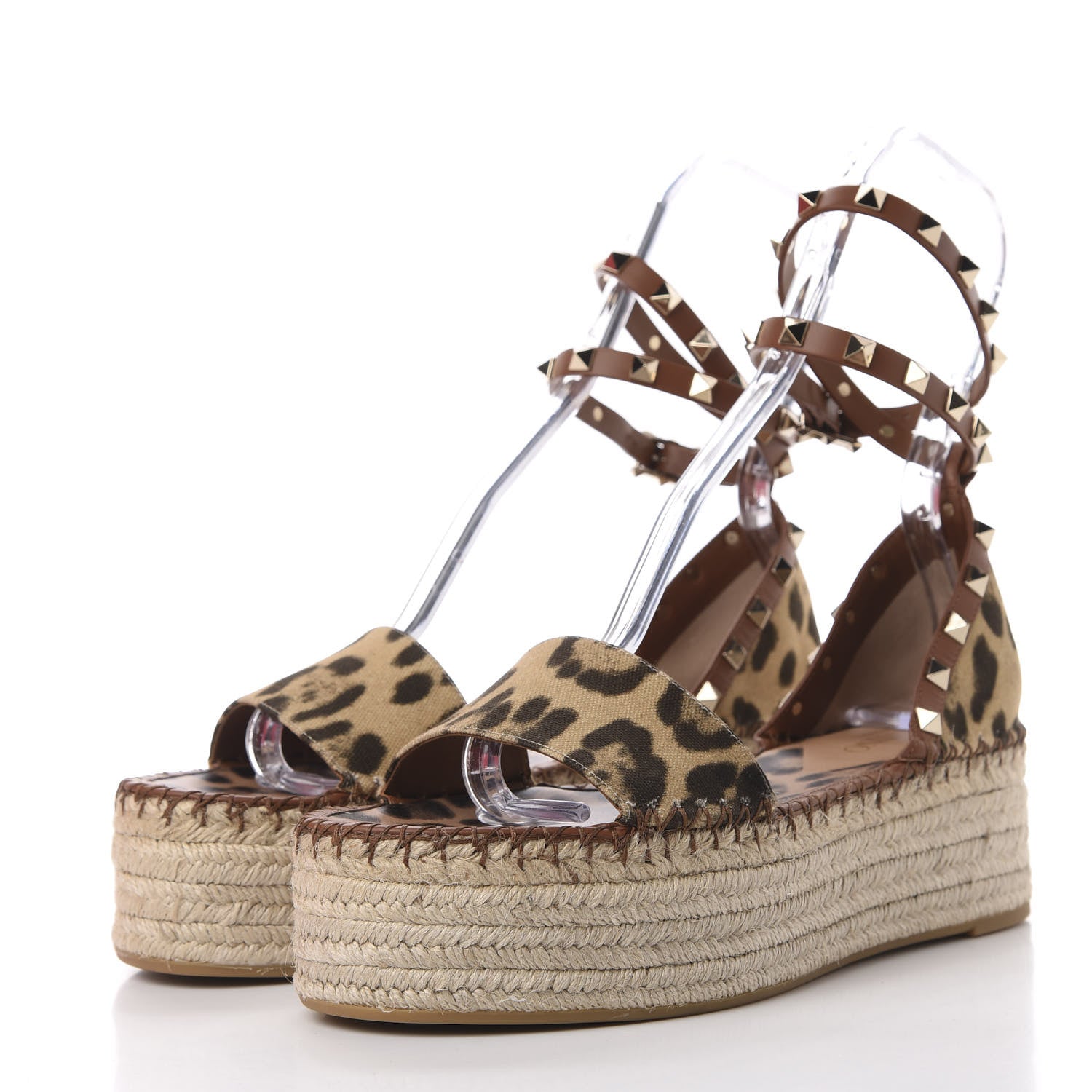 Valentino Garavani Canvas Leopard Print Rockstud Ankle Wrap Espadrille Flatform Sandals 39 Brown 2 of 10