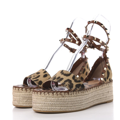 Valentino Garavani Canvas Leopard Print Rockstud Ankle Wrap Espadrille Flatform Sandals 39 Brown 2 of 10