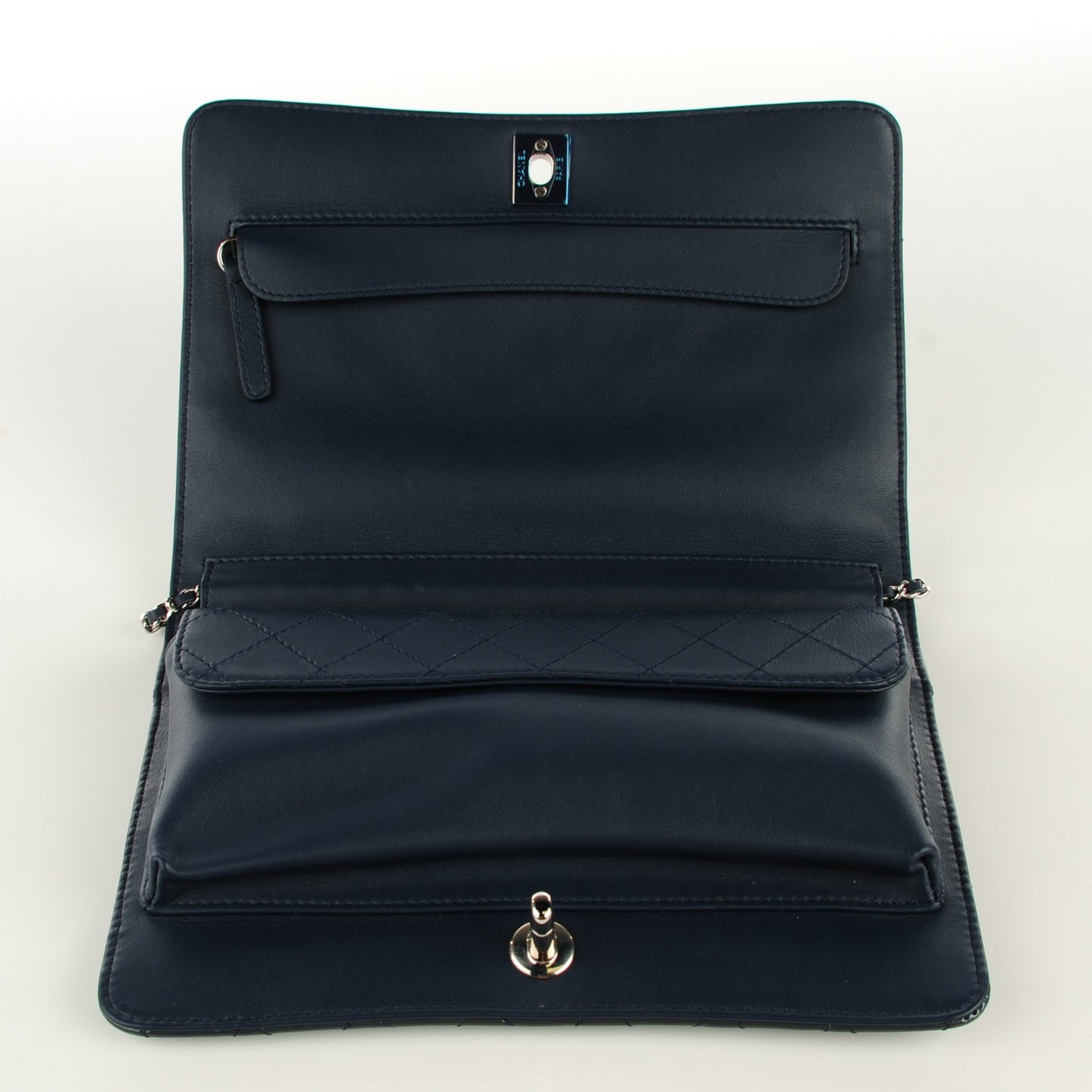 Patent Quilted Clutch Flap Dark Blue
