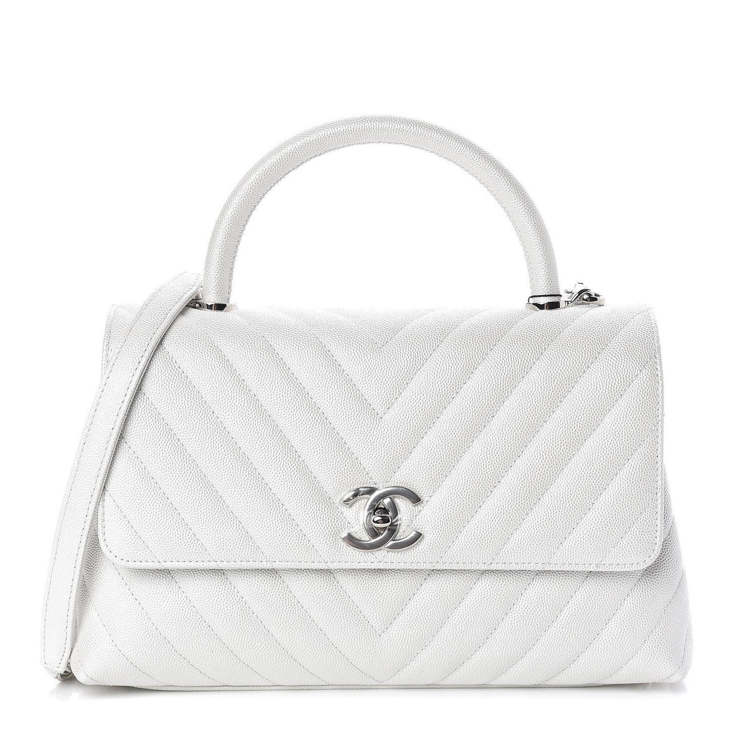 Iridescent Caviar Chevron Quilted Small Coco Handle Flap White