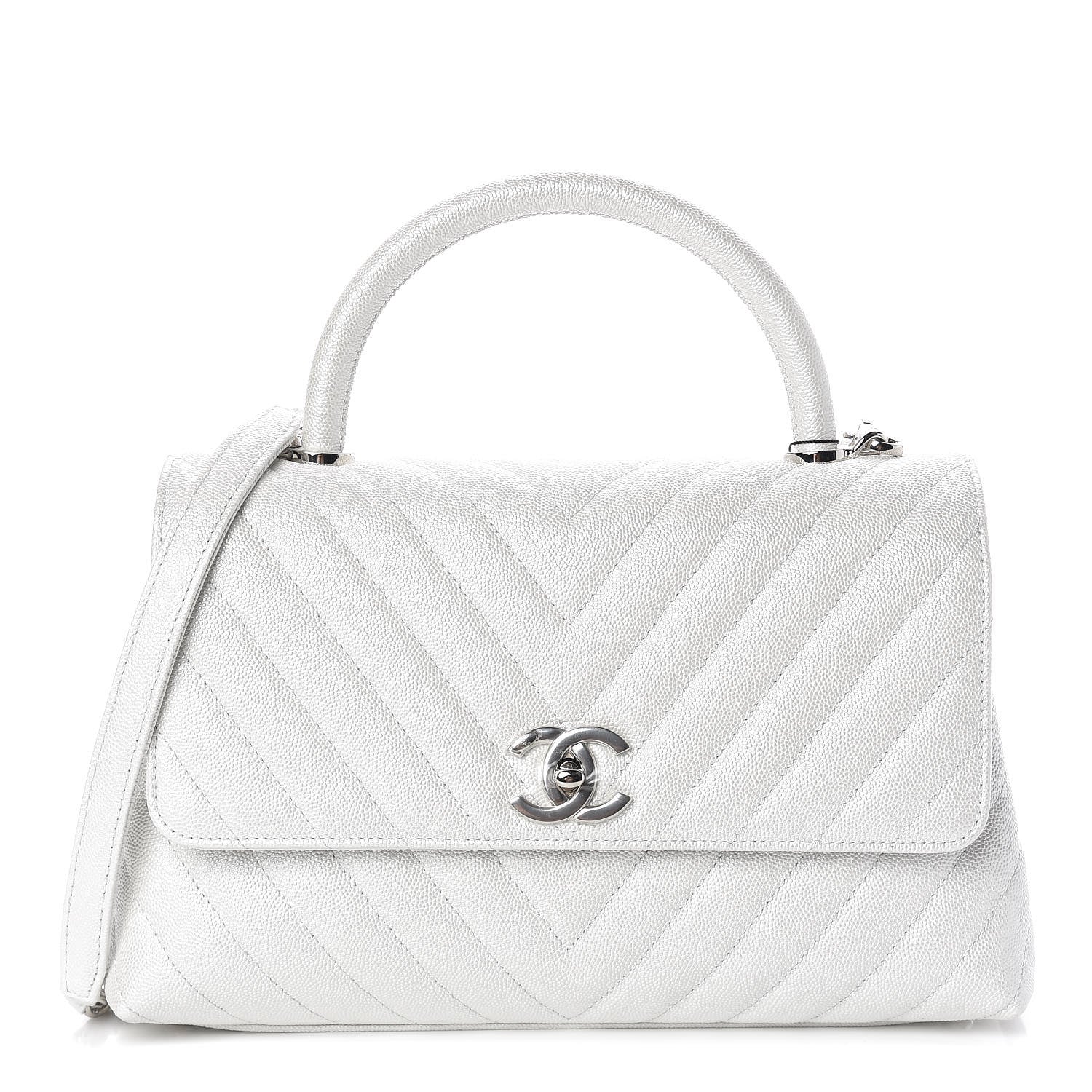 Chanel Iridescent Caviar Chevron Quilted Small Coco Handle Flap White 1 of 11