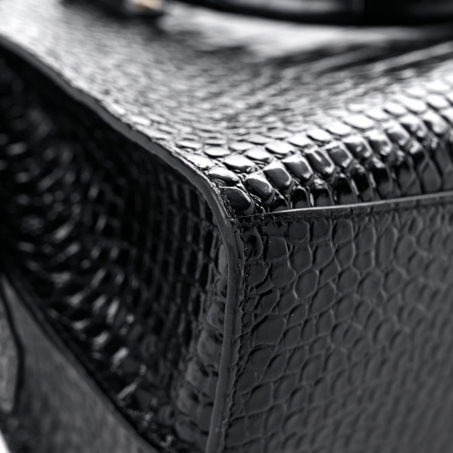 Shiny Supple Calfskin Crocodile Embossed Brass Hardware Neo Classic City Black