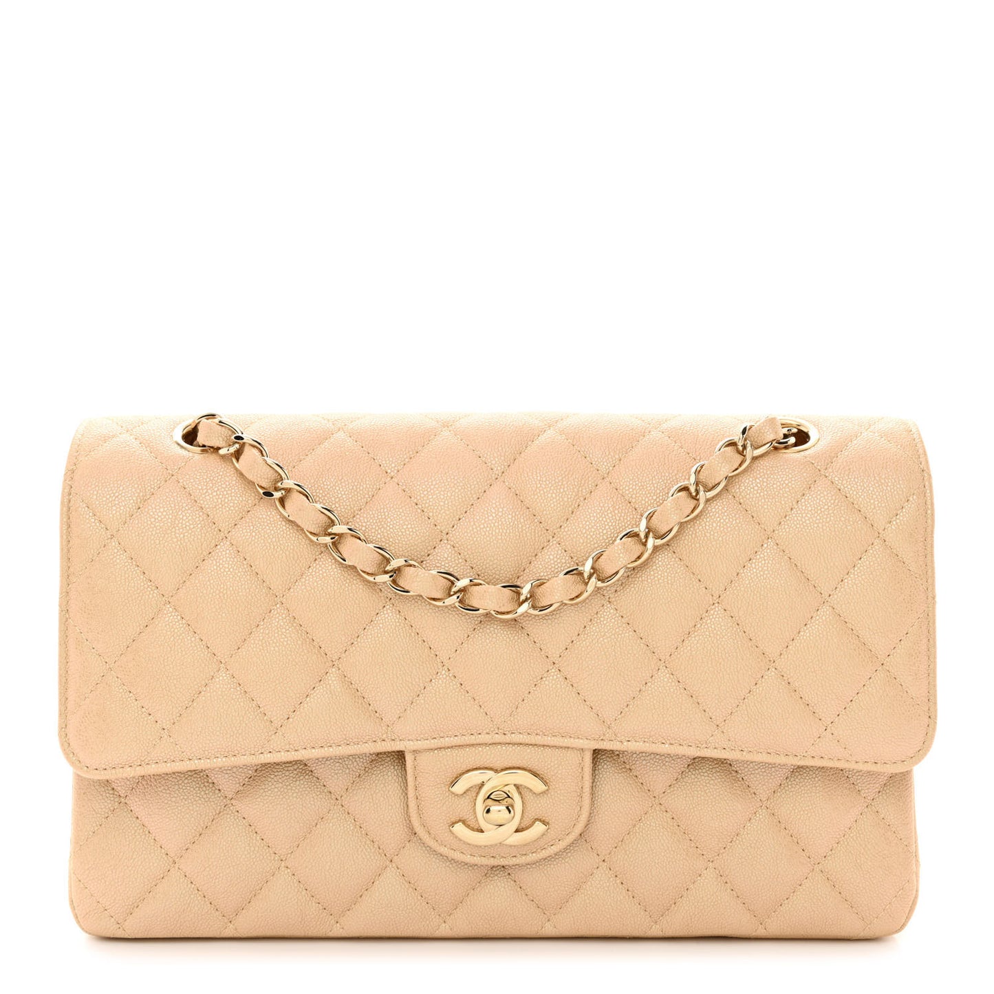 Iridescent Caviar Quilted Medium Double Flap Beige