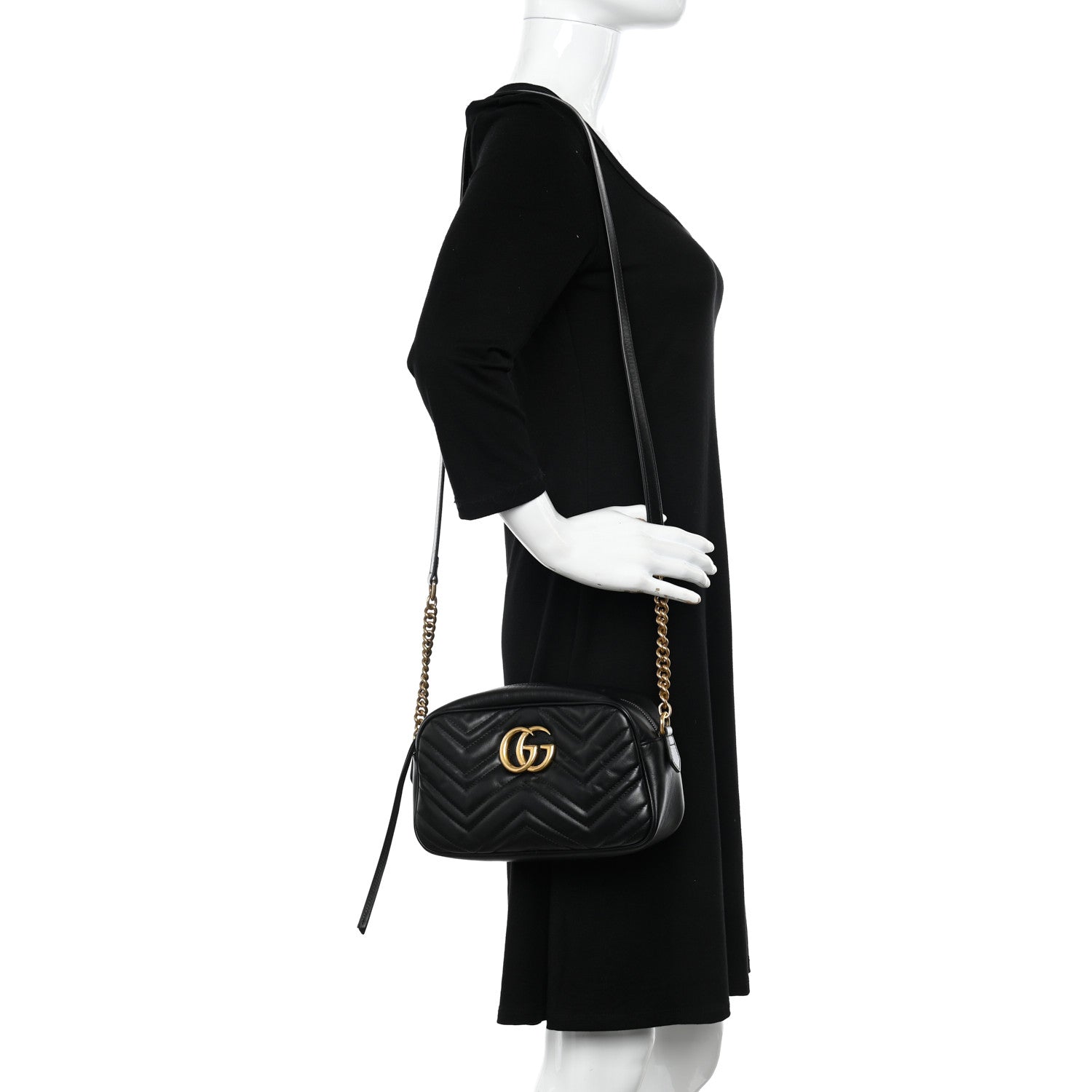 Gucci Calfskin Matelasse Small GG Marmont Chain Shoulder Bag Black 2 of 10