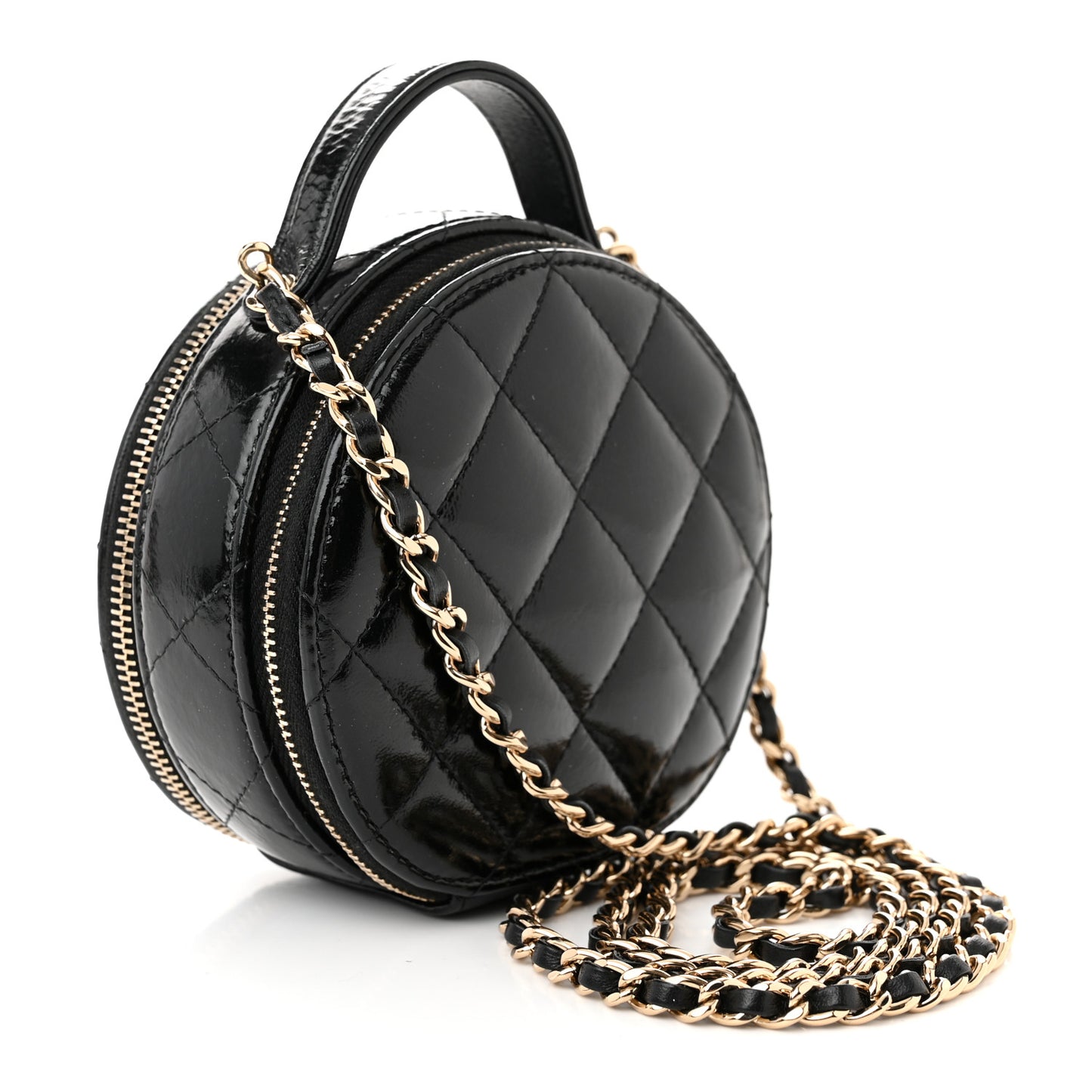Patent Lambskin Round Handle With Care Vanity With Chain Black