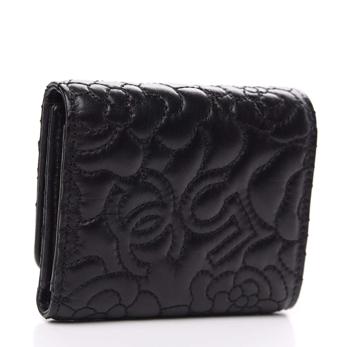 Lambskin Camellia Embossed Small Wallet Black