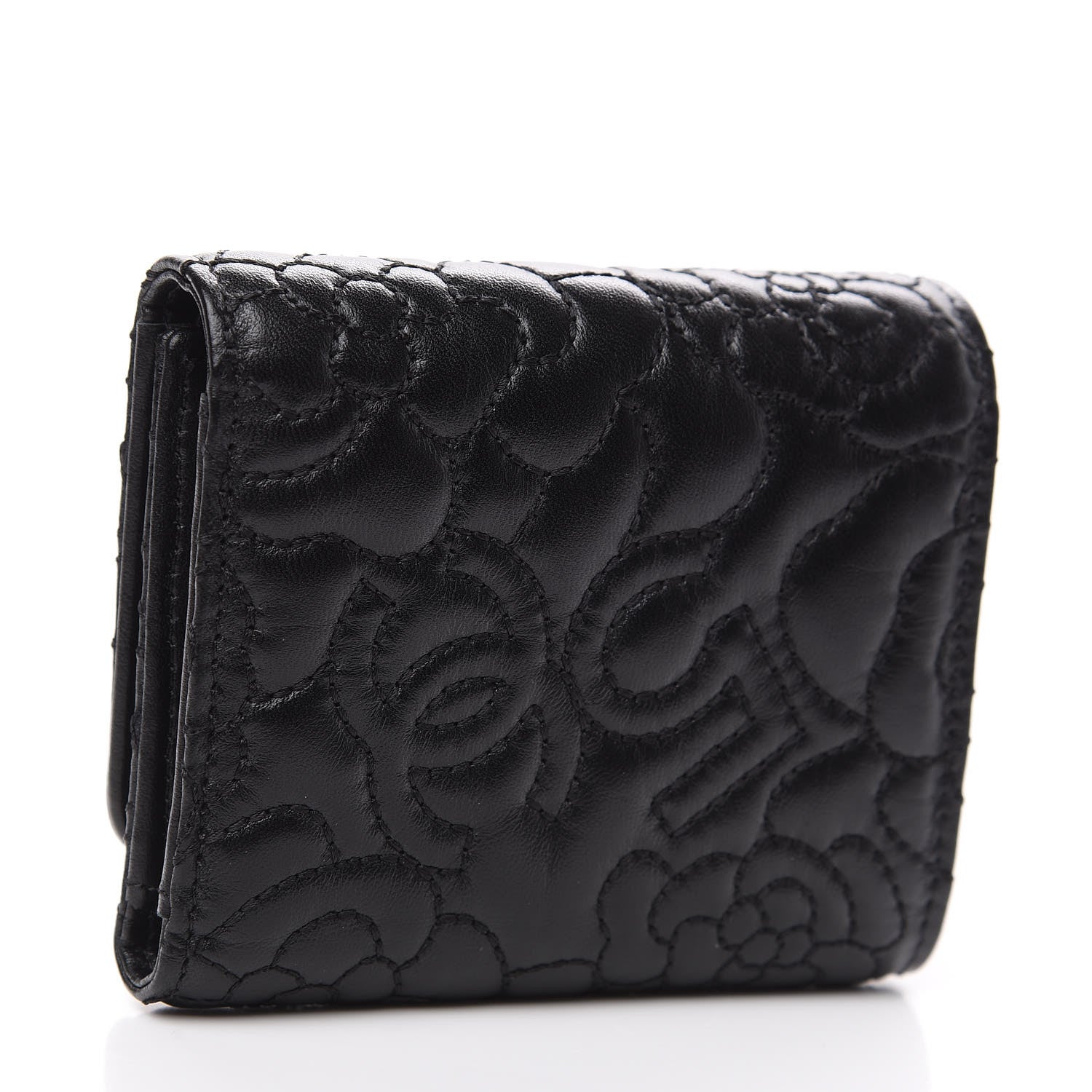 Chanel Lambskin Camellia Embossed Small Wallet Black 2 of 8