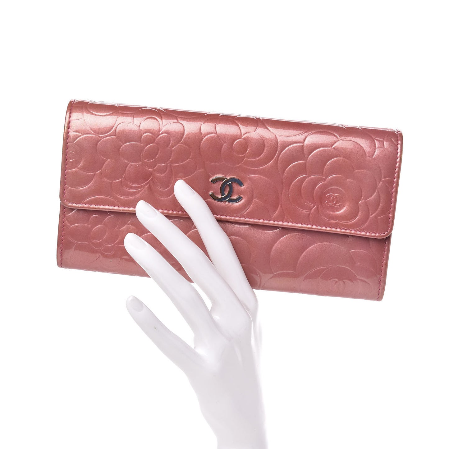 Patent Camellia Embossed Flap Wallet Pink