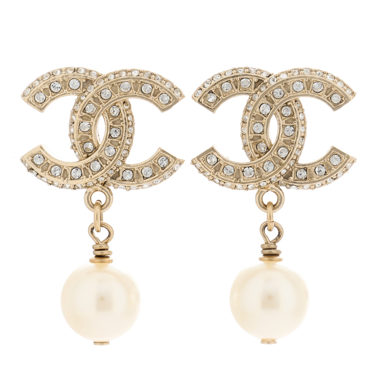 Chanel Crystal Timeless CC Pearl Drop Earrings Light Gold 1 of 4