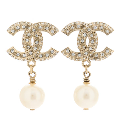 Chanel Crystal Timeless CC Pearl Drop Earrings Light Gold 1 of 4