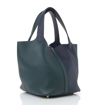 Hermes Taurillon Clemence Casaque Picotin Lock 22 MM Vert Cypress Bleu Nuit Black 3 of 11