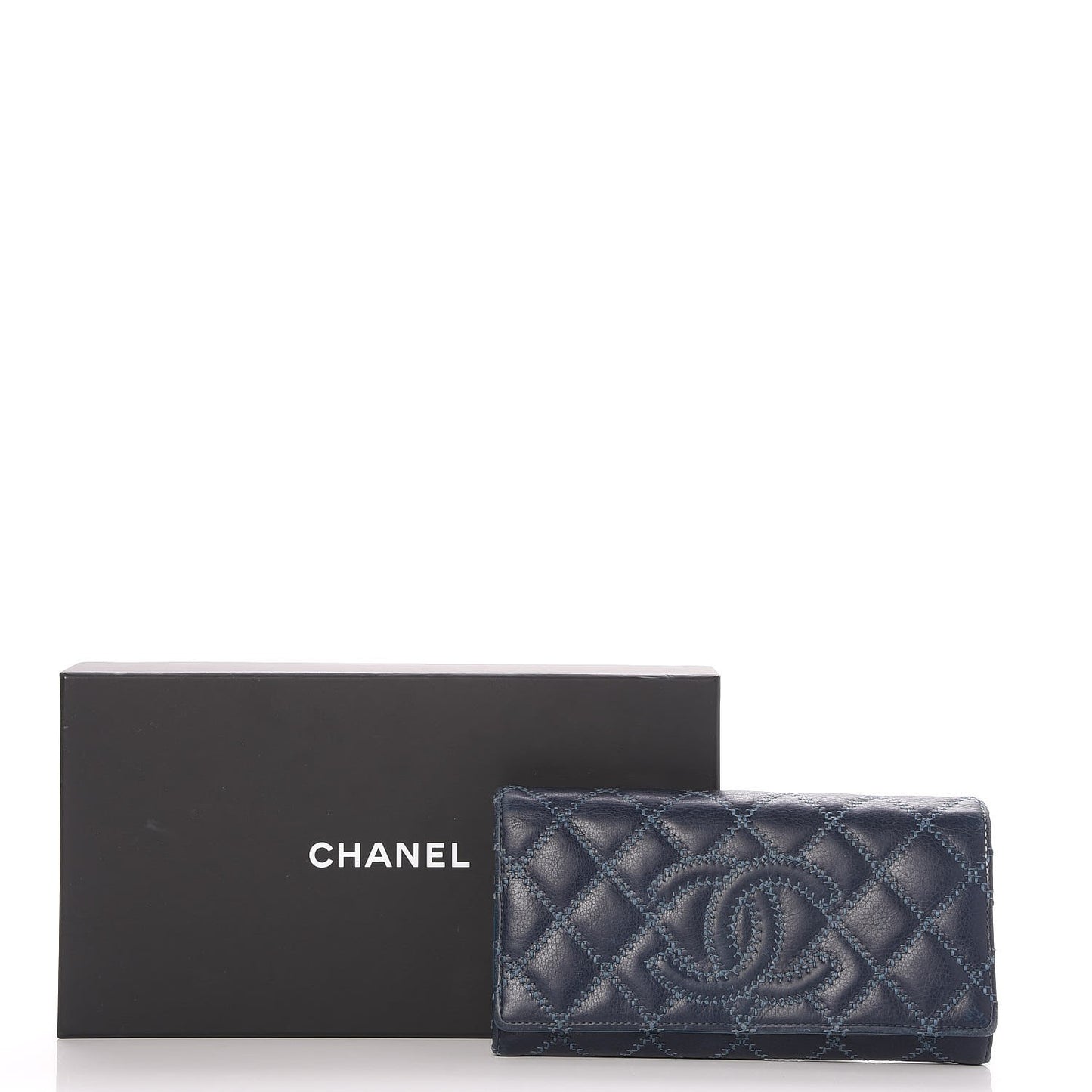 Calfskin Quilted Large Diamond CC Flap Wallet Navy