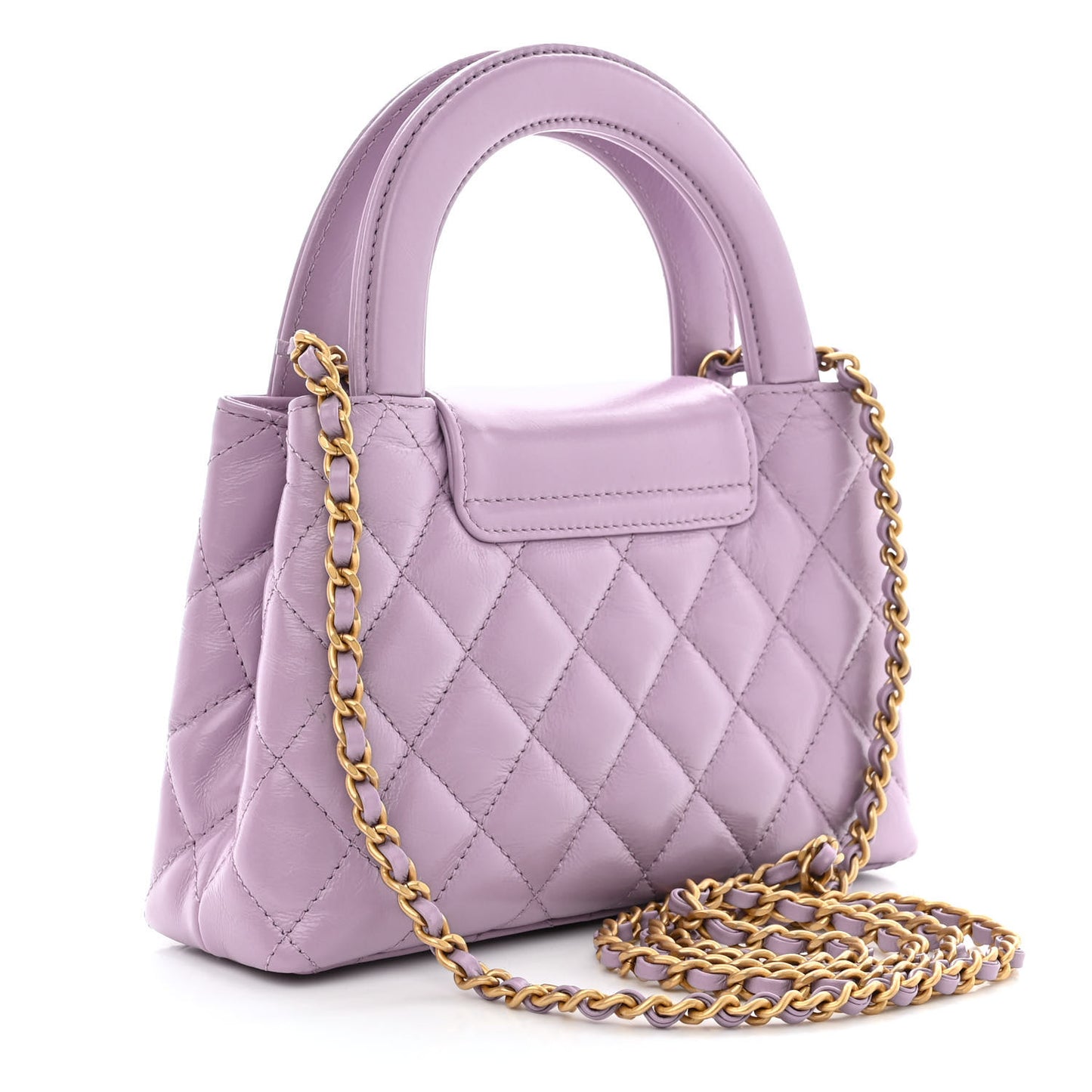 Shiny Aged Calfskin Quilted Nano Kelly Shopper Lilac