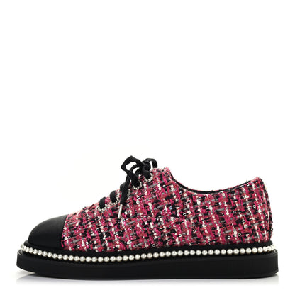 Chanel Tweed Grosgrain Sequin Pearl Lace Up Sneakers 39 Black Pink 1 of 7
