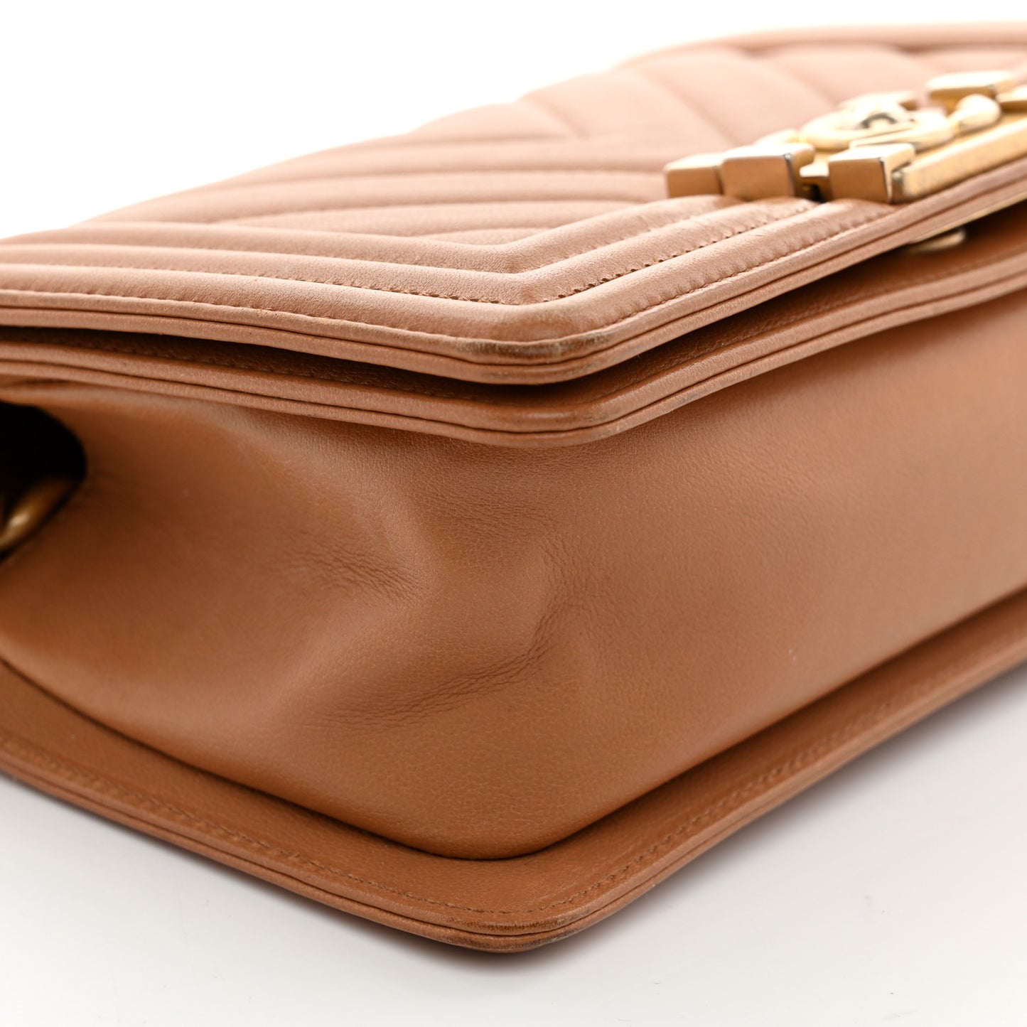 Calfskin Chevron Quilted Small Boy Flap Dark Beige